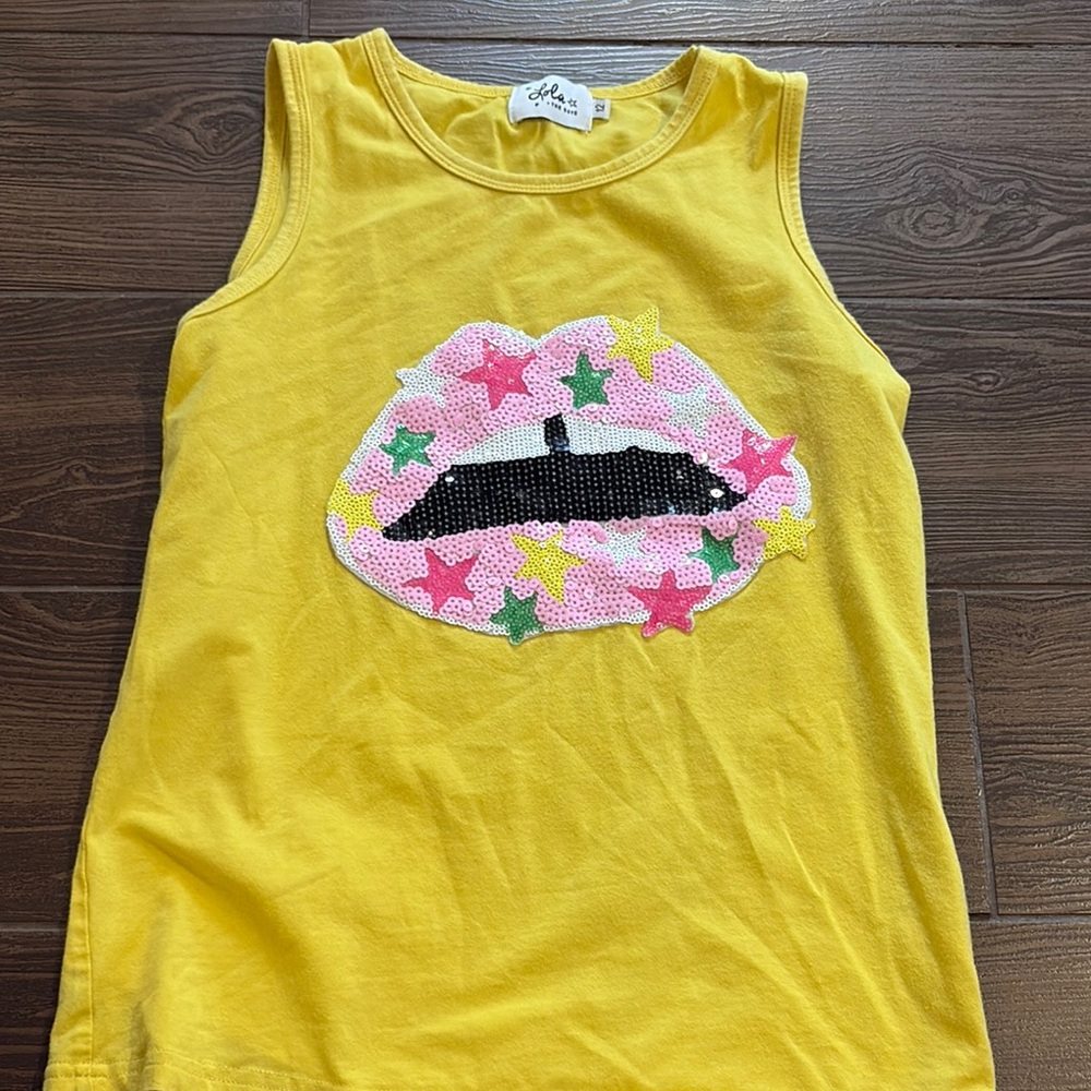 Lola and the Boys Yellow Pink Floral Lip Graphic Tank Top